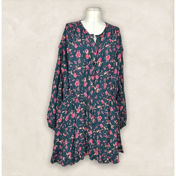 Free People Flower Fields Mini Dress Green Pink Floral Print Size Medium‎ - Picture 1 of 12